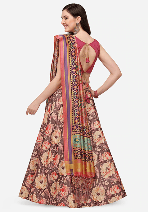 Multicolor Printed Silk Lehenga Set