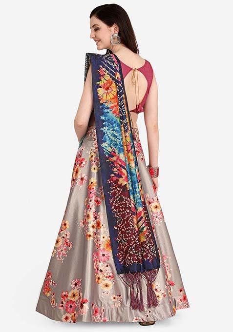 Pink Printed Silk Lehenga Set