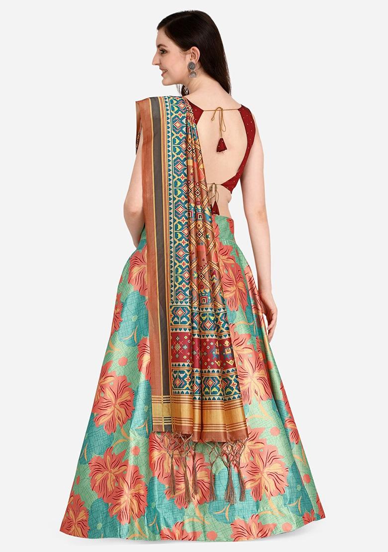 Multicolor Printed Silk Lehenga Set