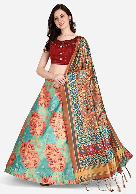 Multicolor Printed Silk Lehenga Set