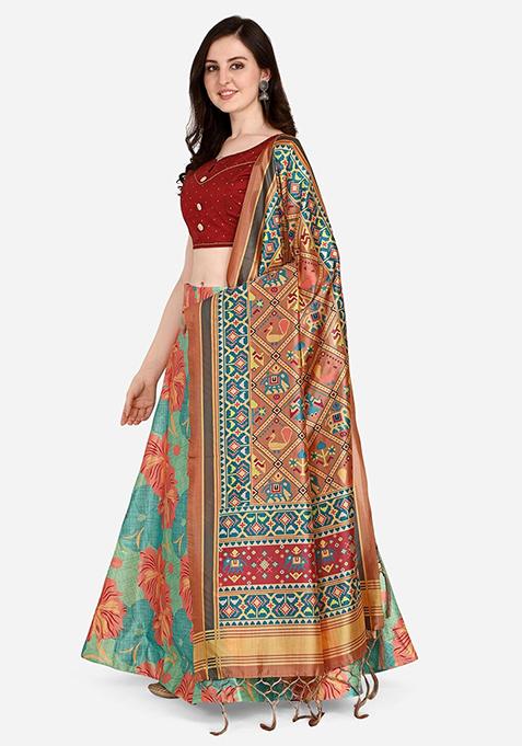 Multicolor Printed Silk Lehenga Set
