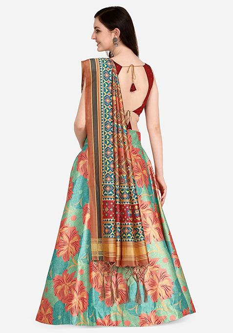 Multicolor Printed Silk Lehenga Set