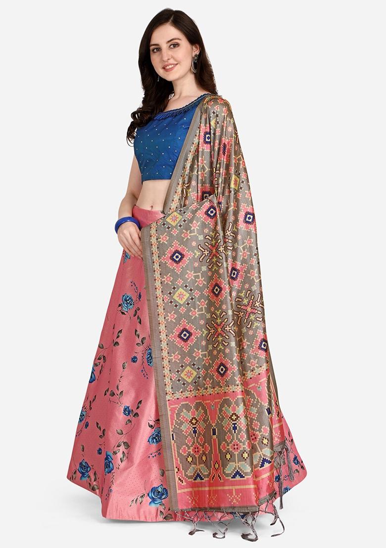 Pink Printed Silk Lehenga Set