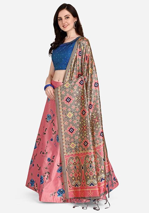 Pink Printed Silk Lehenga Set