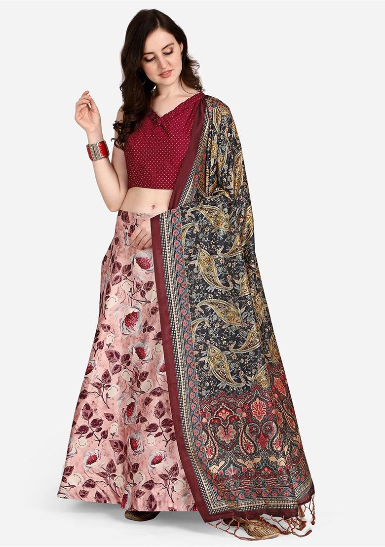 Pink Printed Silk Lehenga Set