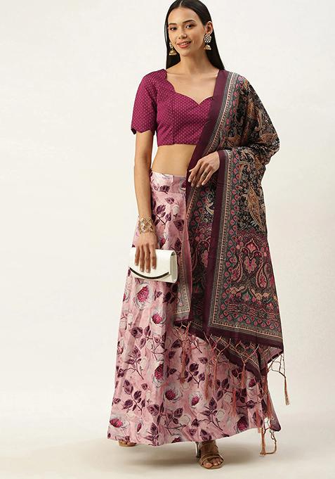 Pink Printed Silk Lehenga Set