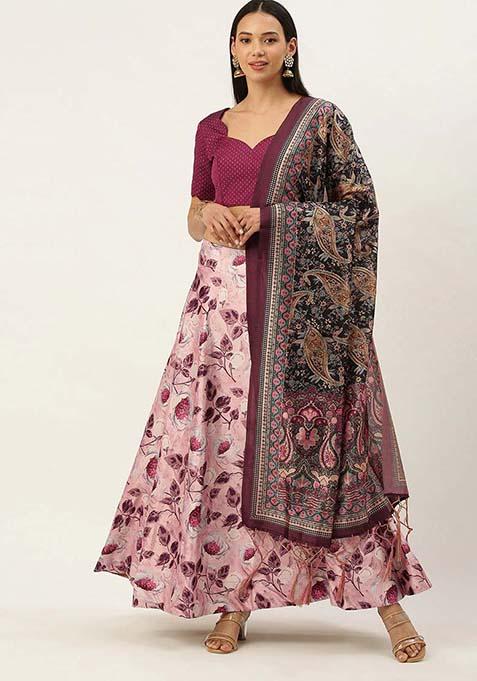 Pink Printed Silk Lehenga Set