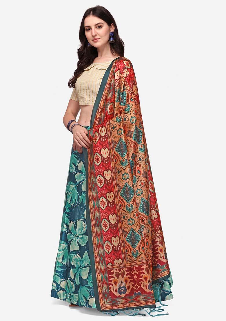 Teal Printed Silk Lehenga Set