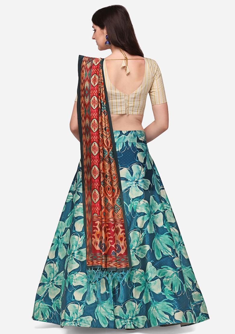 Teal Printed Silk Lehenga Set