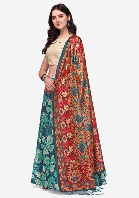 Teal Printed Silk Lehenga Set