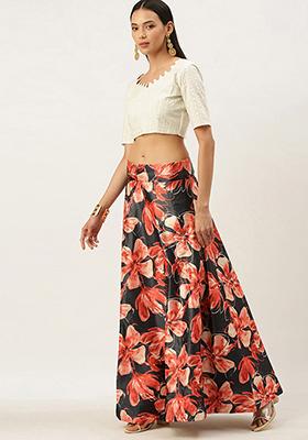 Black Printed Silk Lehenga Set