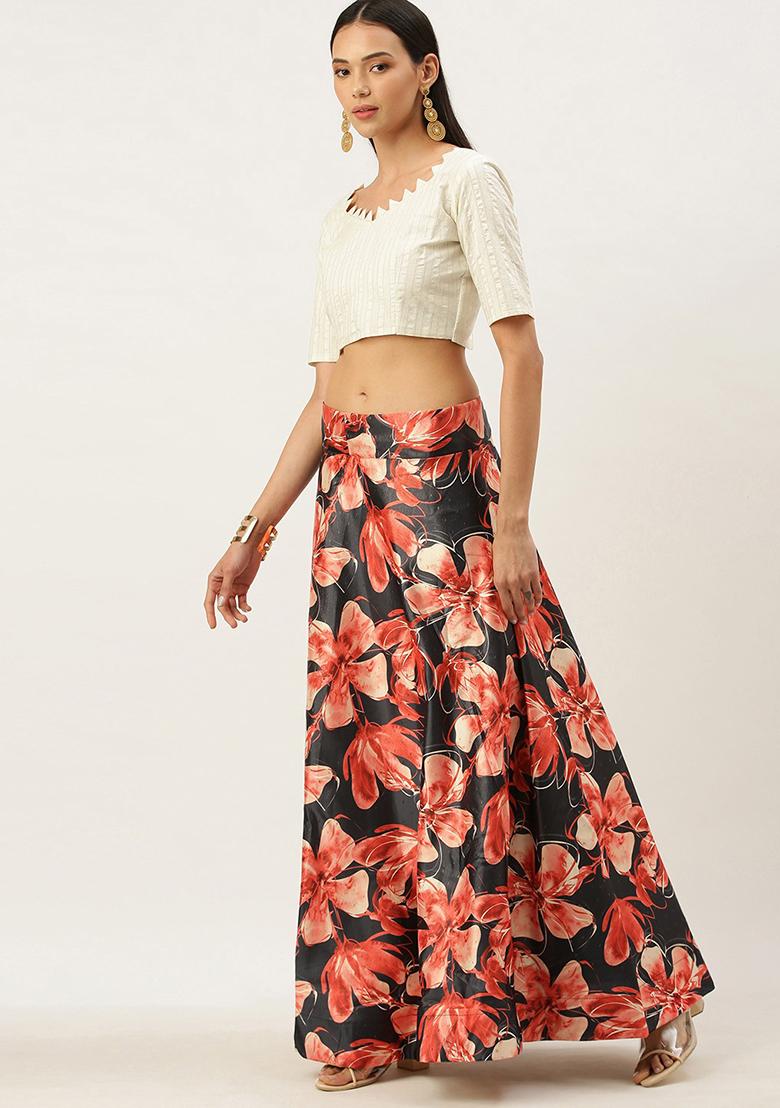 Black Printed Silk Lehenga Set