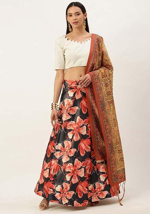 Black Printed Silk Lehenga Set