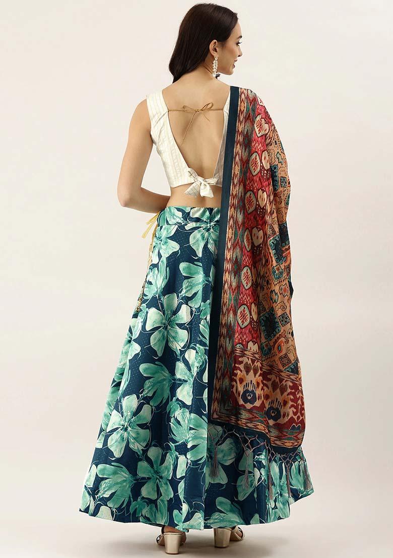 Teal Printed Silk Lehenga Set