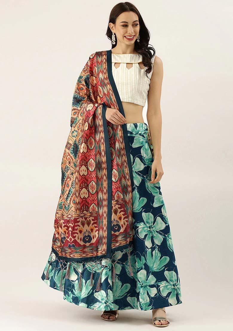 Teal Printed Silk Lehenga Set