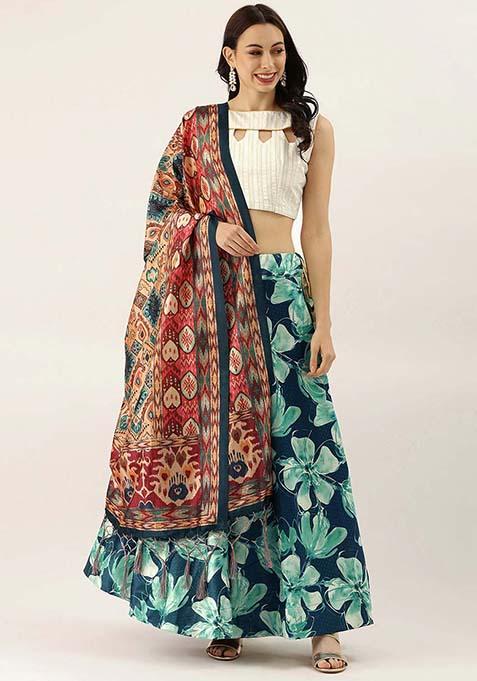 Teal Printed Silk Lehenga Set