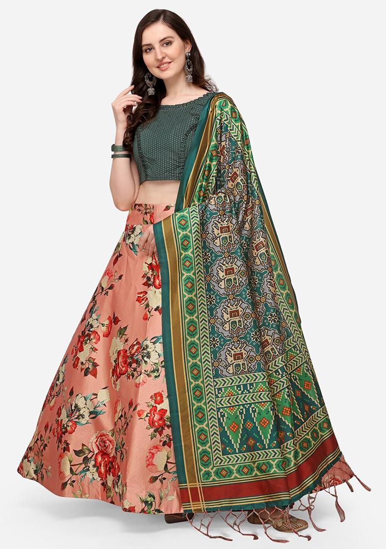 Pink Printed Silk Lehenga Set