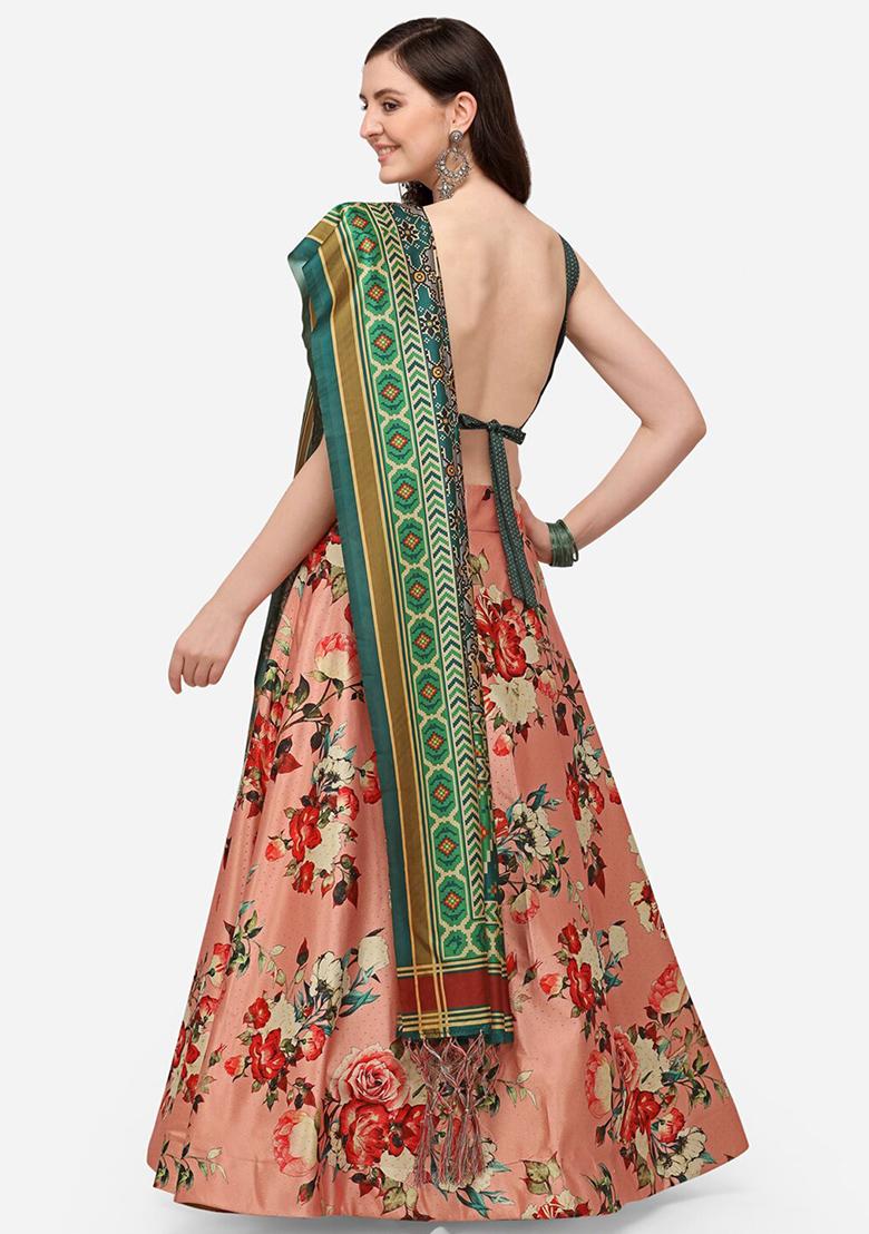 Pink Printed Silk Lehenga Set
