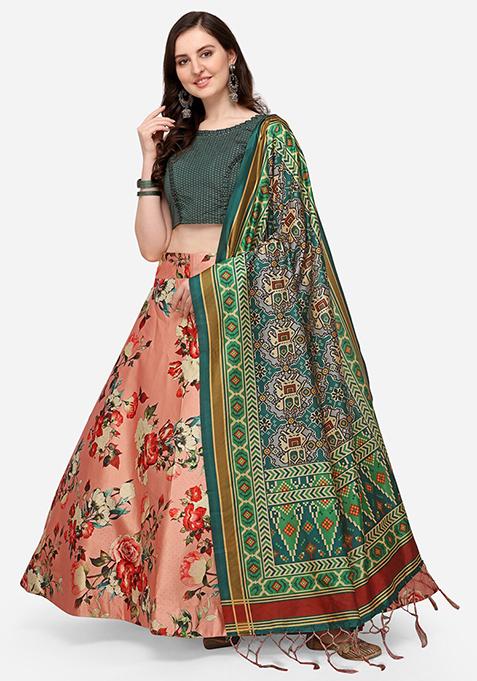 Pink Printed Silk Lehenga Set