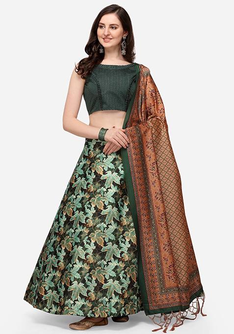 Green Printed Silk Lehenga Set