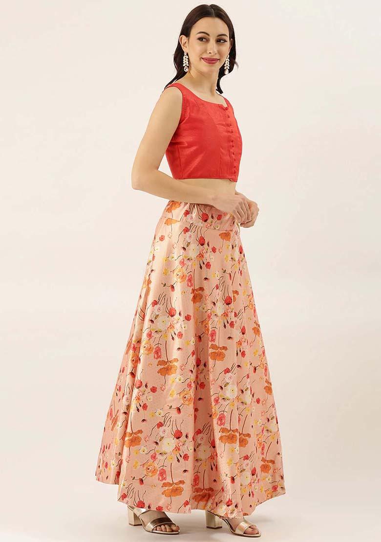 Orange Printed Silk Lehenga Set