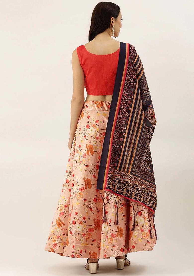 Orange Printed Silk Lehenga Set