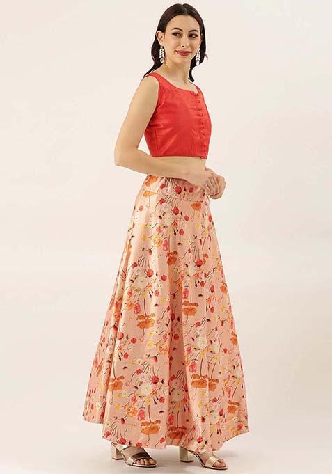 Orange Printed Silk Lehenga Set