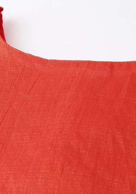 Orange Printed Silk Lehenga Set