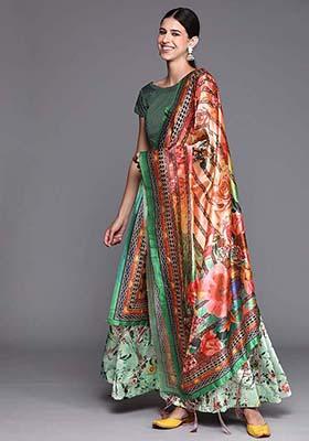Green Printed Silk Lehenga Set
