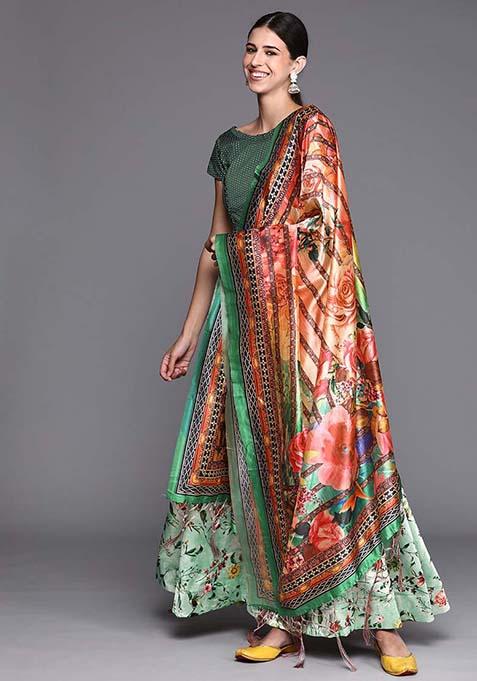 Green Printed Silk Lehenga Set