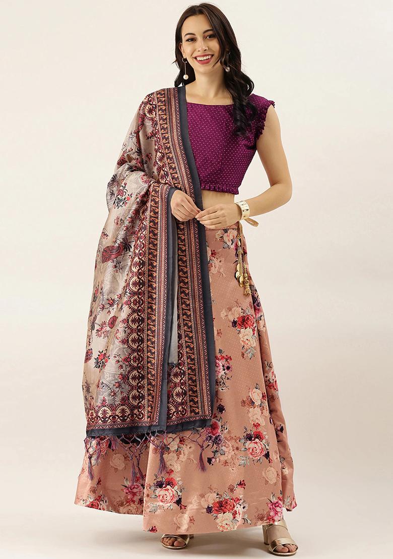 Peach Printed Silk Lehenga Set