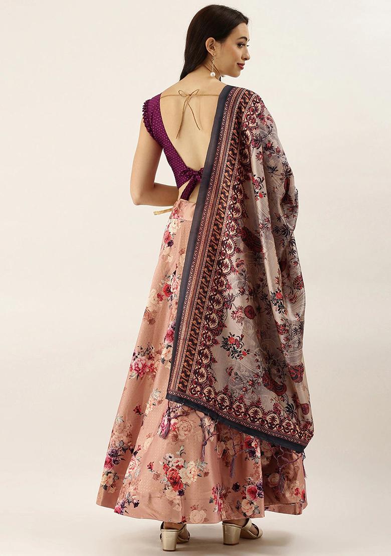 Peach Printed Silk Lehenga Set