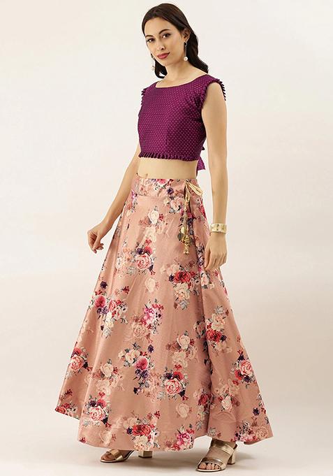 Peach Printed Silk Lehenga Set