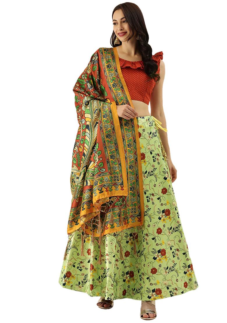 Green Printed Silk Lehenga Set
