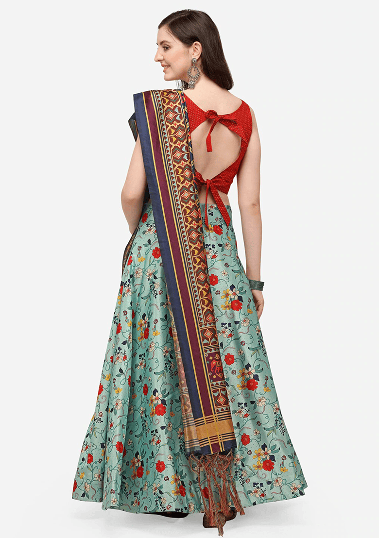 Light Blue Printed Silk Lehenga Set