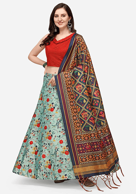 Light Blue Printed Silk Lehenga Set