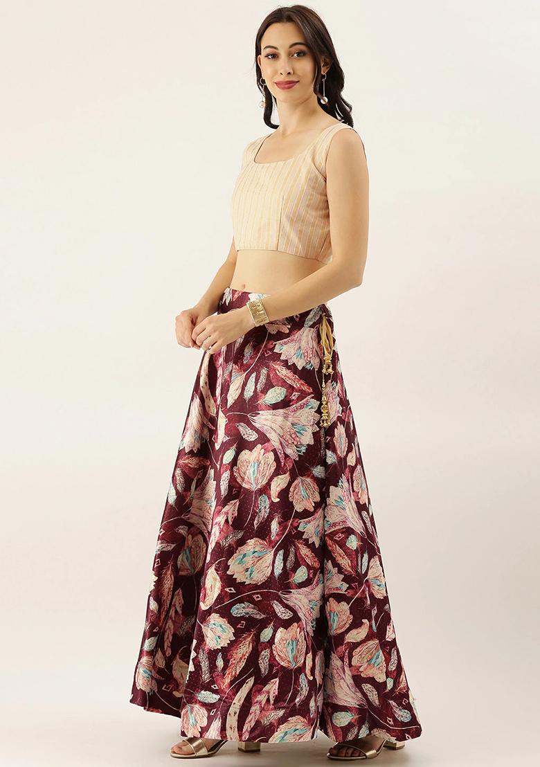 Maroon Printed Silk Lehenga Set