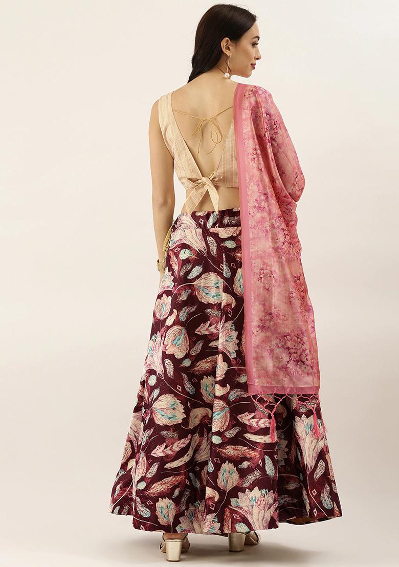 Maroon Printed Silk Lehenga Set