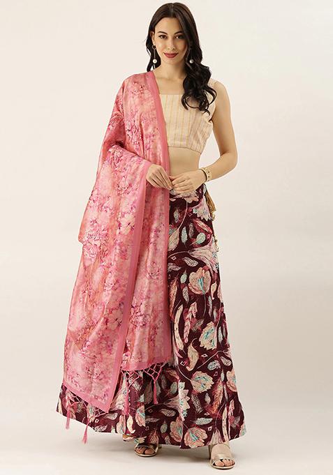 Maroon Printed Silk Lehenga Set