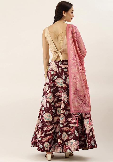 Maroon Printed Silk Lehenga Set
