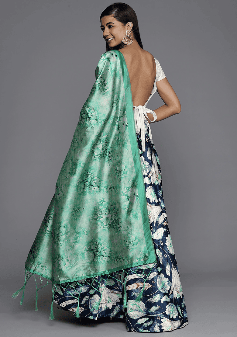Teal Printed Silk Lehenga Set
