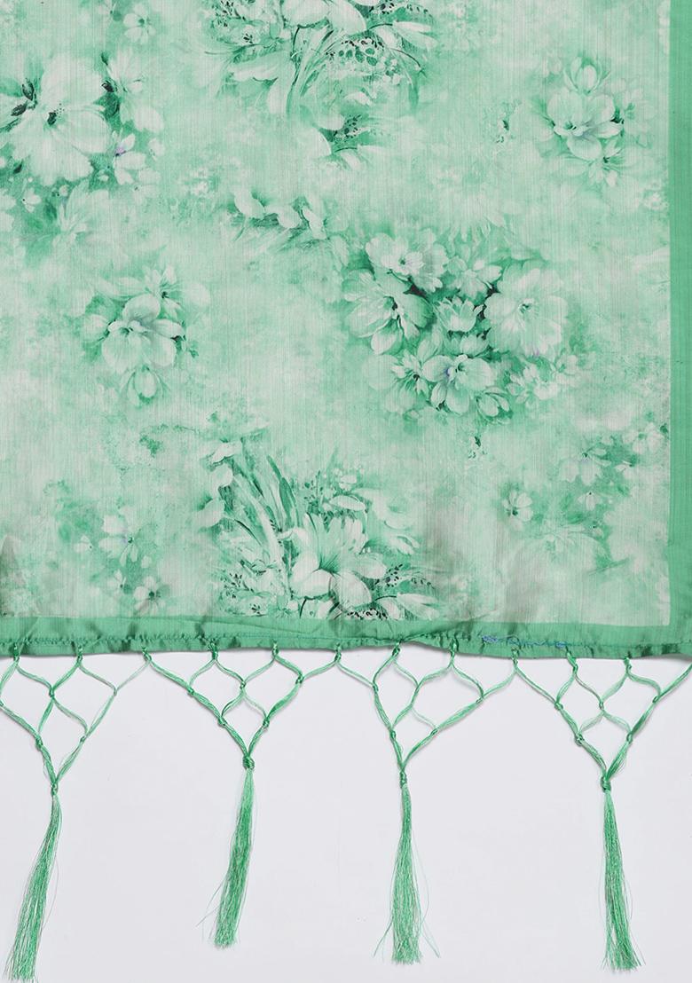 Teal Printed Silk Lehenga Set