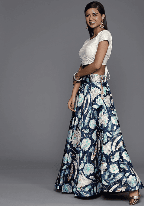 Teal Printed Silk Lehenga Set