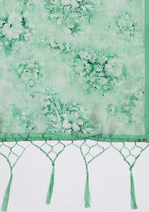 Teal Printed Silk Lehenga Set