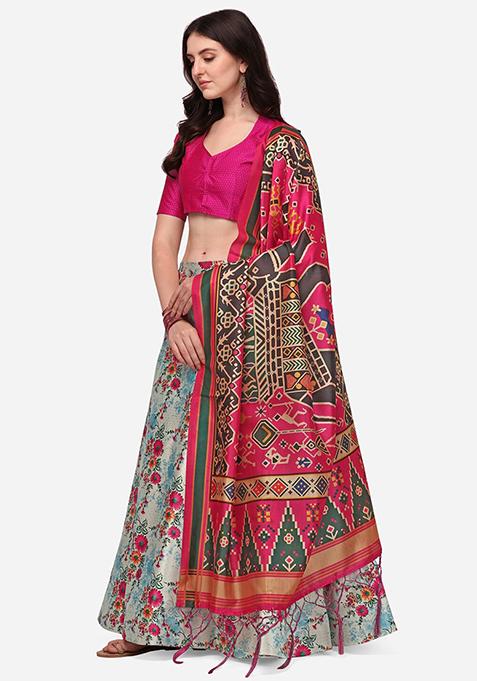 Multicolor Printed Silk Lehenga Set