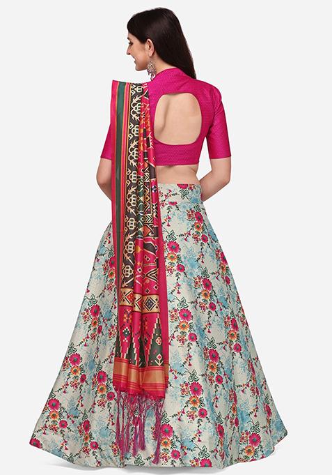 Multicolor Printed Silk Lehenga Set