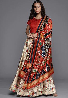 Beige Printed Silk Lehenga Set