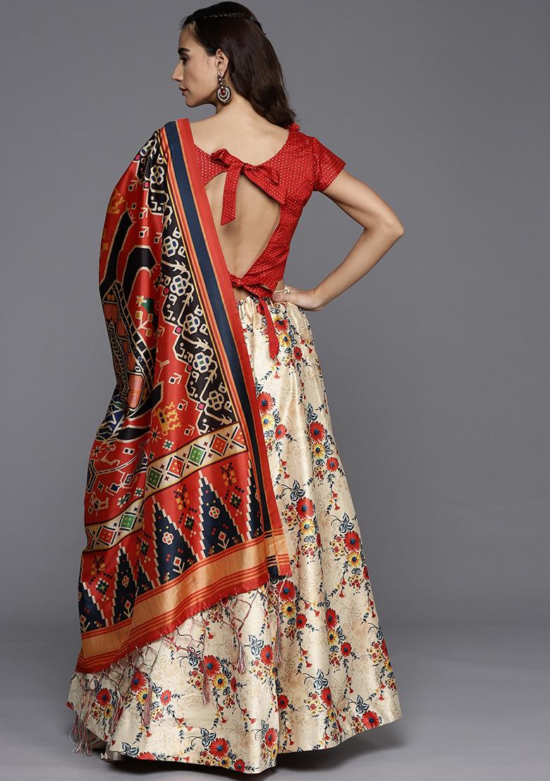 Beige Printed Silk Lehenga Set