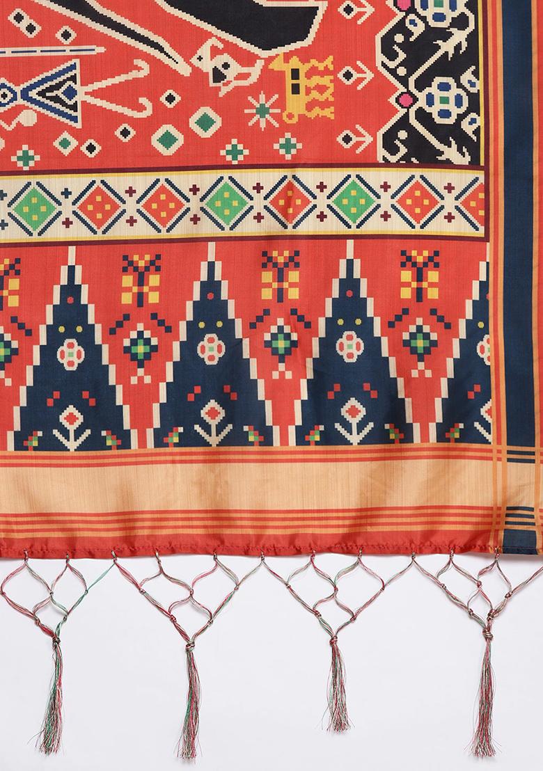 Beige Printed Silk Lehenga Set