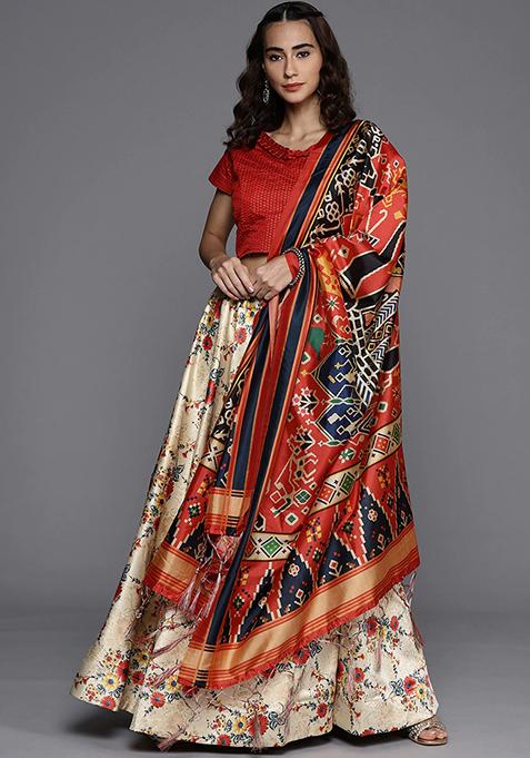 Beige Printed Silk Lehenga Set